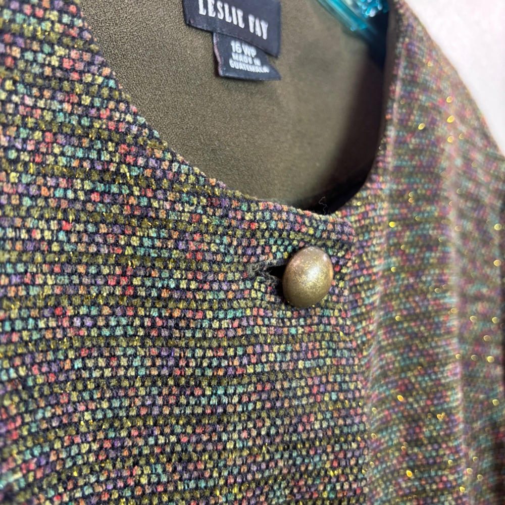 Leslie Fay Blazer Women 16WP Green Metallic Tweed Button Front Jacket Academia - Picture 11 of 13